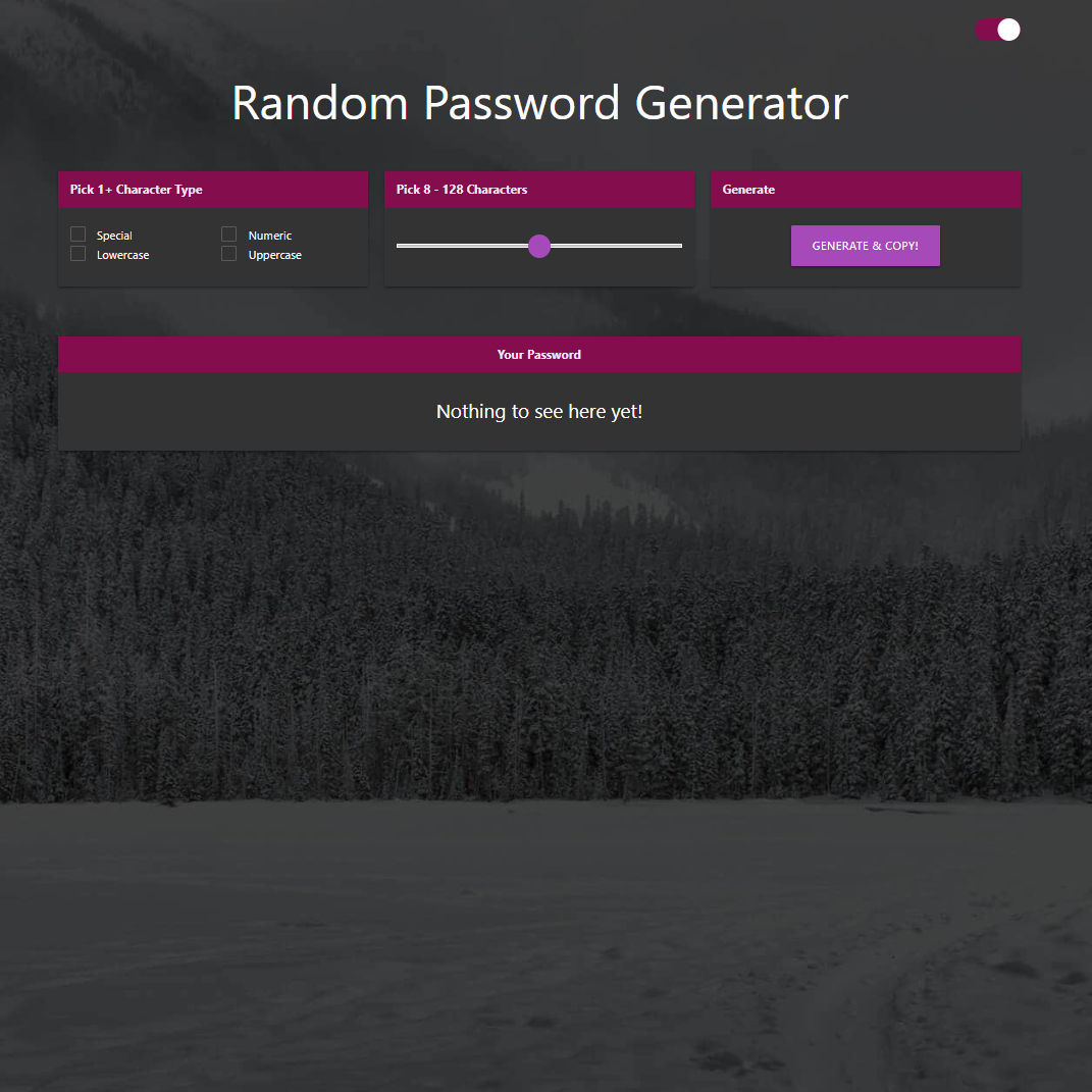 JavaScript Password Generator Screenshot